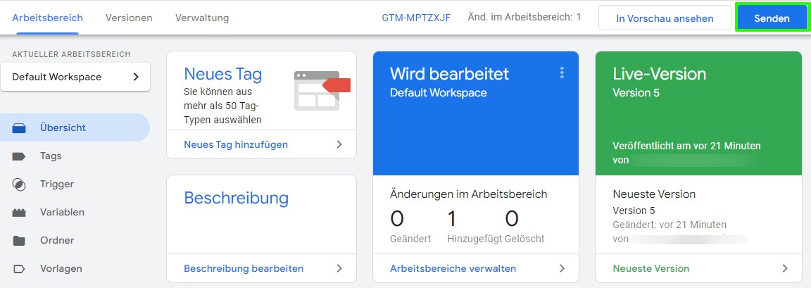 Schaltfläche zum Senden von Containeränderungen aus Google Tag Manager