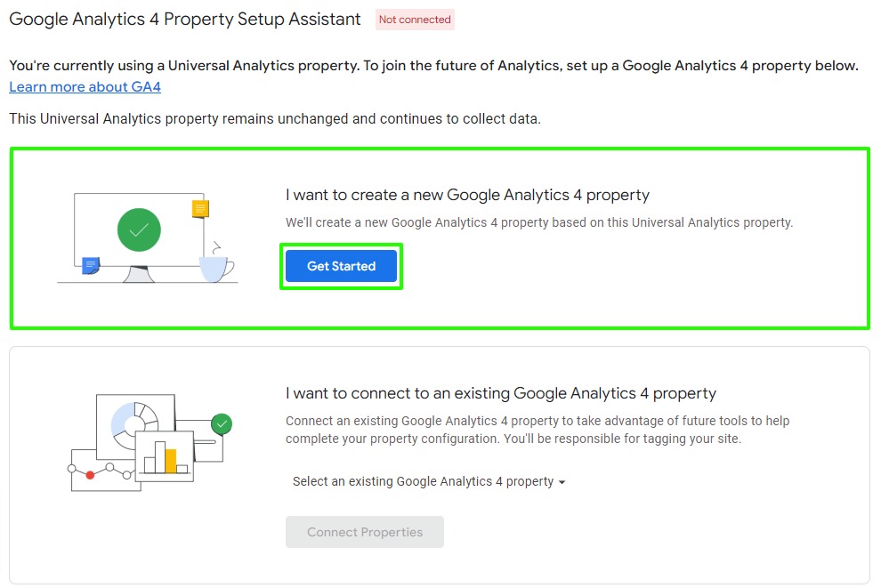 Selecting the Google Analytics 4 property creation method from the setup assistant