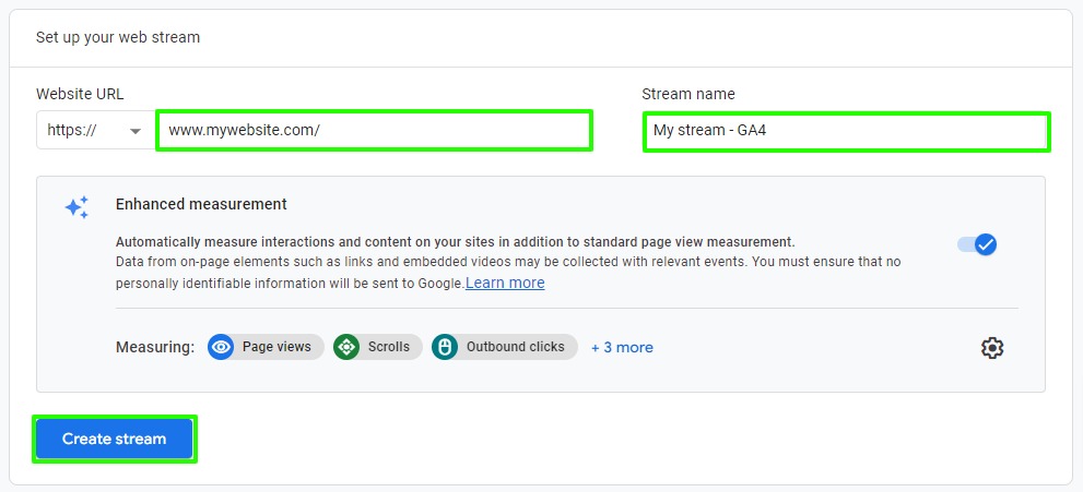 Configuring the stream with adding the site URL and the name of the new Google Analytics 4 property