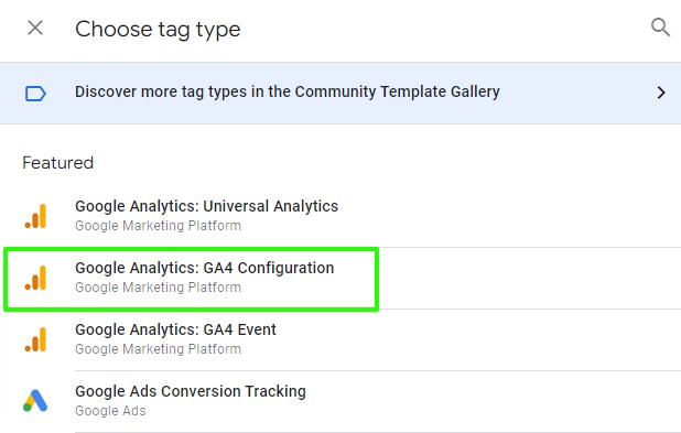 Tag type selection in Google Tag Manager for GA4 base configuration