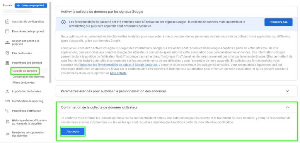 Page de configuration de la collecte des données par signaux Google