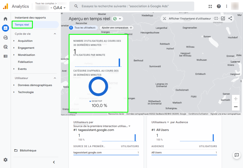 Rapport temps réel de Google Analytics 4 indiquant qu’un utilisateur est bien sur notre site et que Google Analytics 4 fonctionne correctement