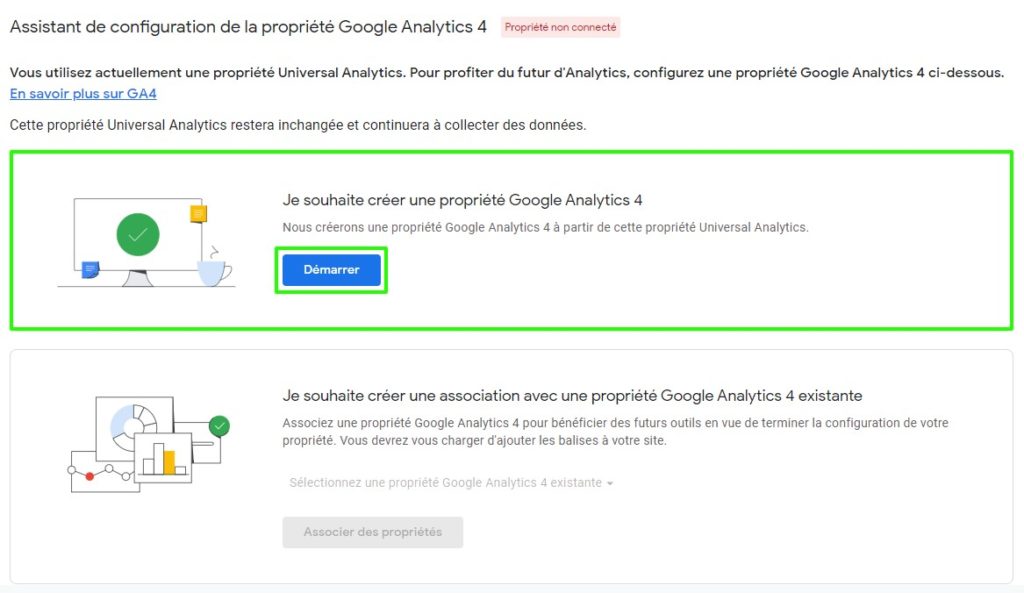 Sélection de la méthode de création de la propriété Google Analytics 4 depuis l'assistant de configuration