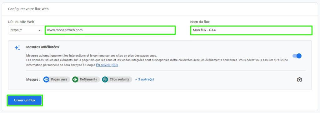 Configuration du flux avec l'ajout de l’URL du site et du nom de la nouvelle propriété Google Analytics 4